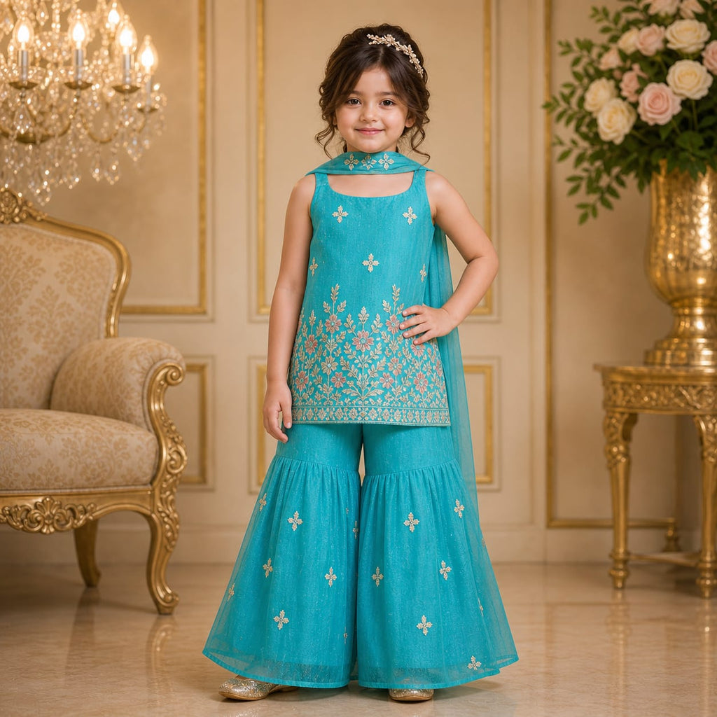 Aqua Blue Floral Embroidered Palazzo Set with Dupatta for Girls party wear dress for girls - Luxaura Kidswear