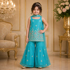 Aqua Blue Floral Embroidered Palazzo Set with Dupatta for Girls party wear dress for girls - Luxaura Kidswear