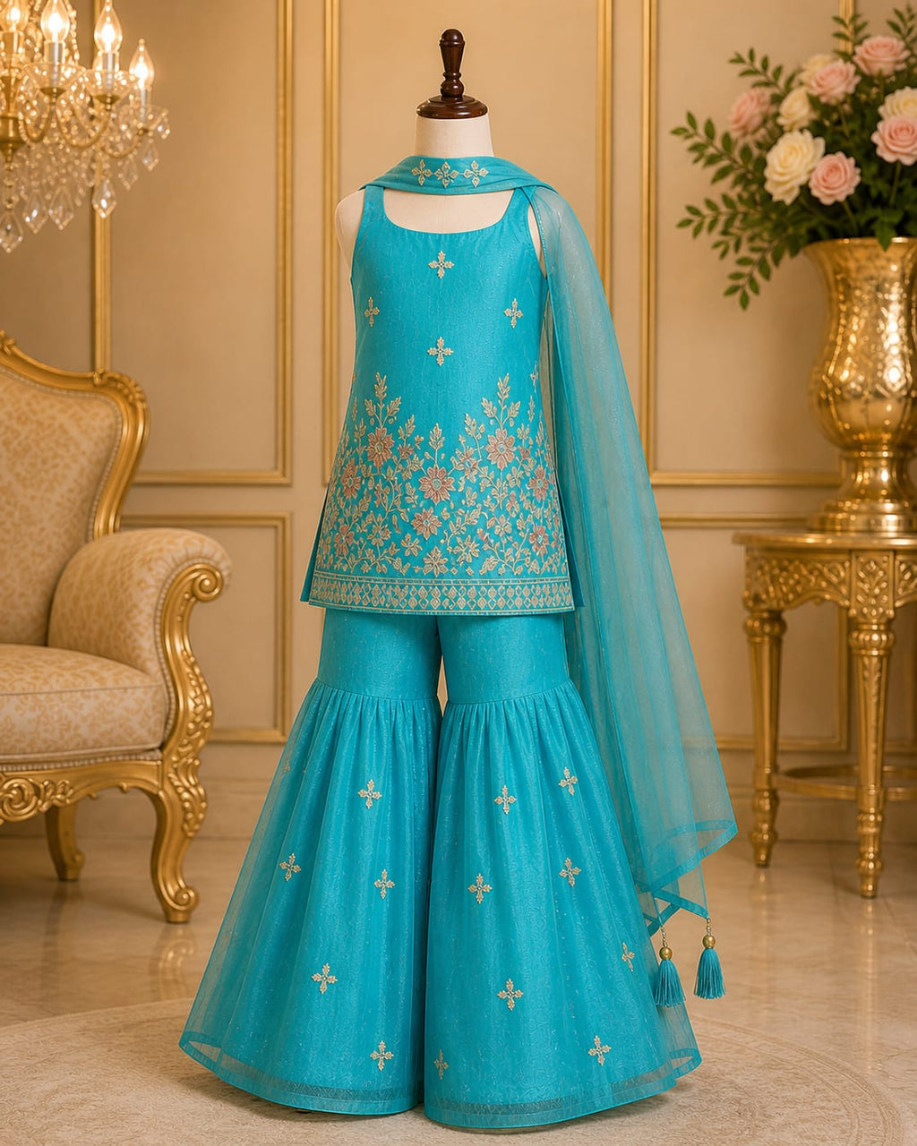 Aqua Blue Floral Embroidered Palazzo Set with Dupatta for Girls party wear dress for girls - Luxaura Kidswear