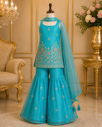 Aqua Blue Floral Embroidered Palazzo Set with Dupatta for Girls party wear dress for girls - Luxaura Kidswear