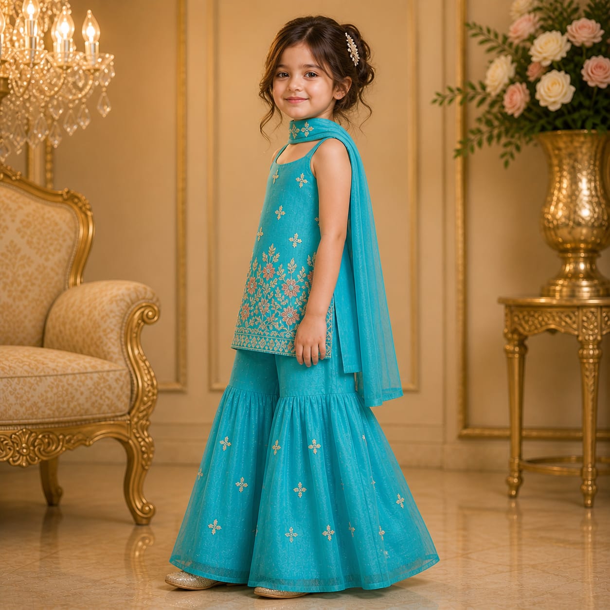 Aqua Blue Floral Embroidered Palazzo Set with Dupatta for Girls party wear dress for girls - Luxaura Kidswear
