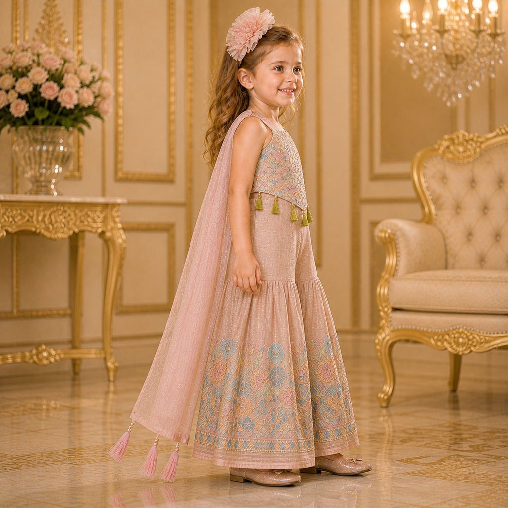 Blush Floral Embroidered Palazzo Set with Dupatta party wear dress for girls - Luxaura Kidswear