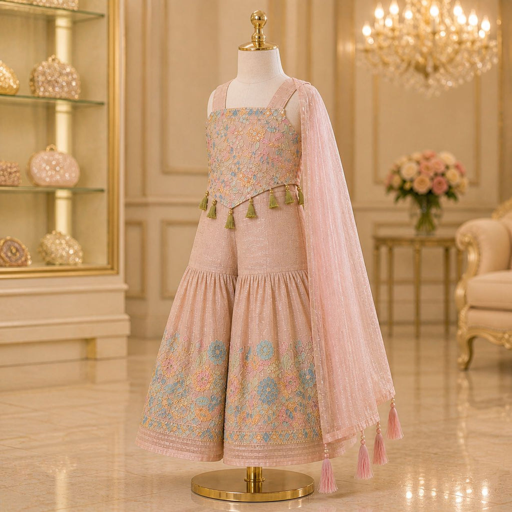 Blush Floral Embroidered Palazzo Set with Dupatta party wear dress for girls - Luxaura Kidswear