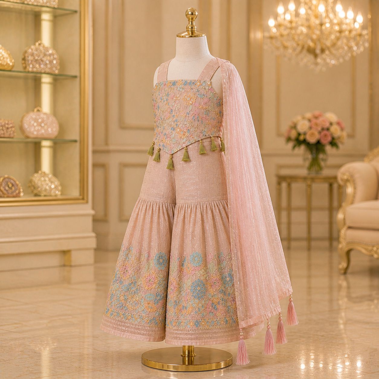 Blush Floral Embroidered Palazzo Set with Dupatta party wear dress for girls - Luxaura Kidswear