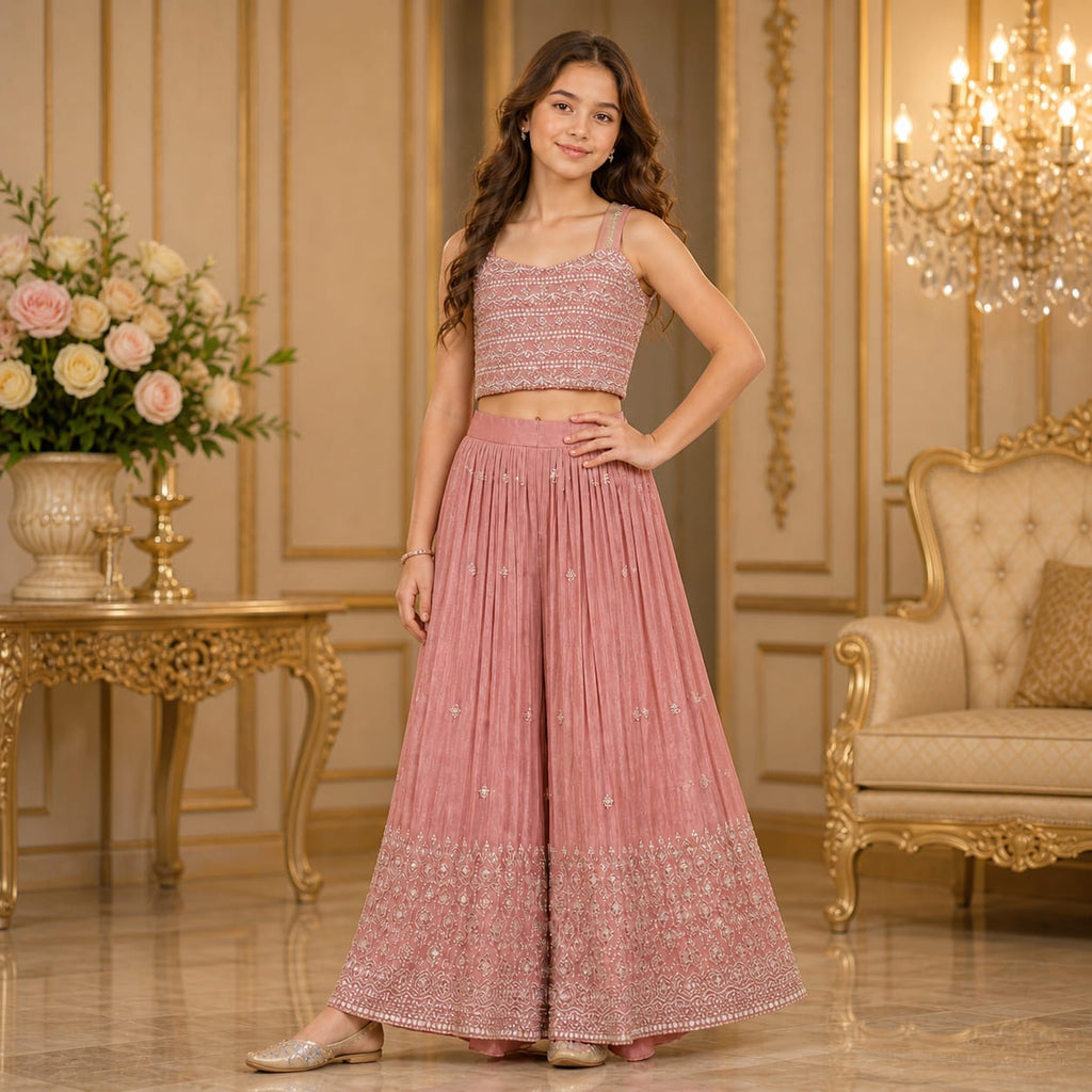 Blush Rose Premium Hand Embroidered Palazzo Set with Cape party wear dress for girls - Luxaura Kidswear