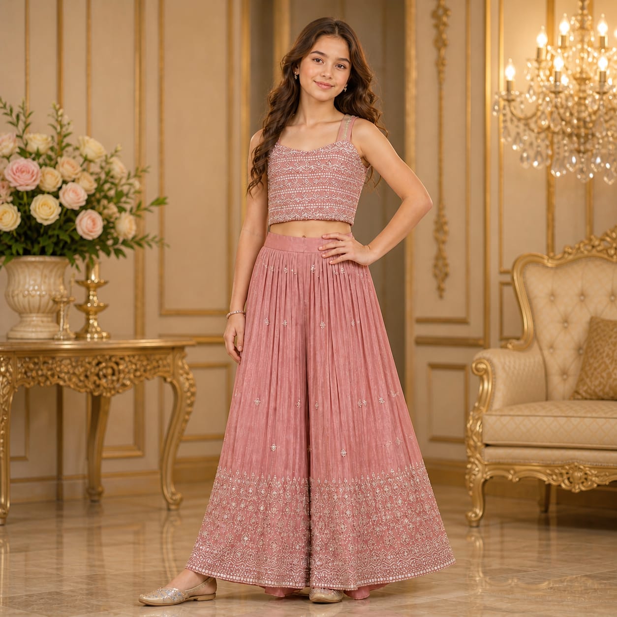 Blush Rose Premium Hand Embroidered Palazzo Set with Cape party wear dress for girls - Luxaura Kidswear