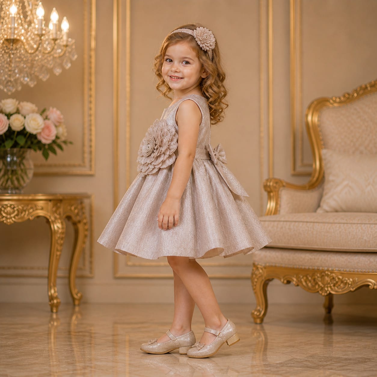 Champagne Gold Floral Party Dress for Girls party wear dress for girls - Luxaura Kidswear
