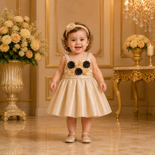 Champagne Gold Floral Party Dress with Accessories party wear dress for girls - Luxaura Kidswear