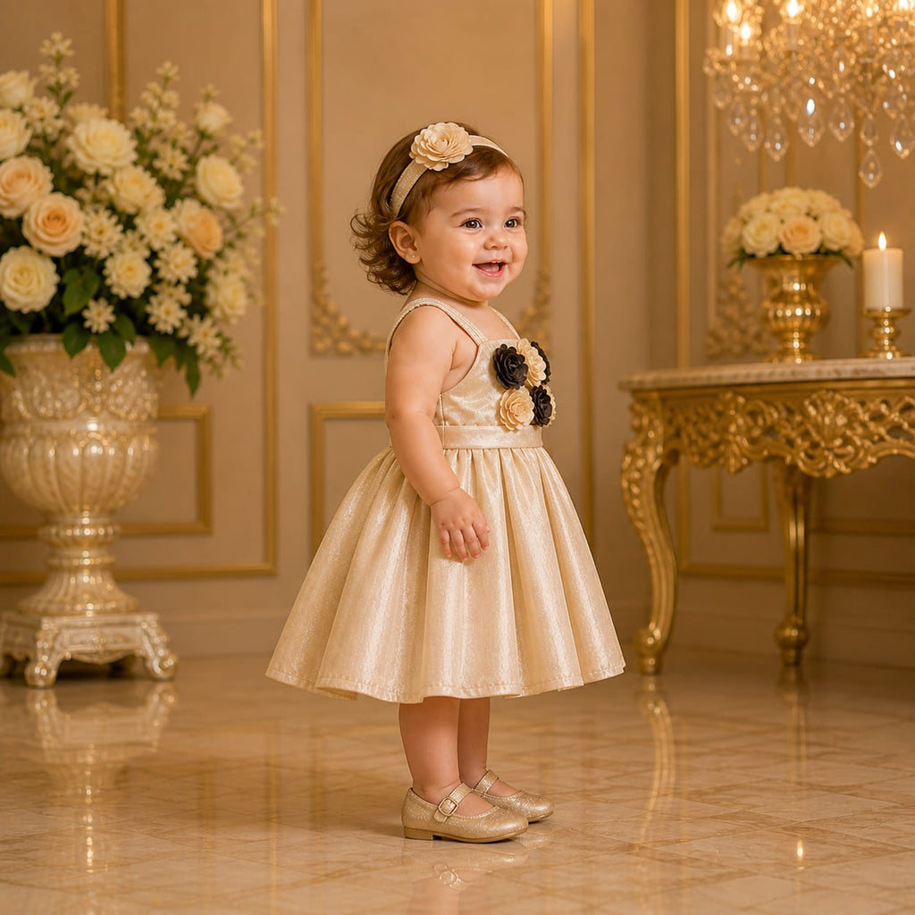 Champagne Gold Floral Party Dress with Accessories party wear dress for girls - Luxaura Kidswear