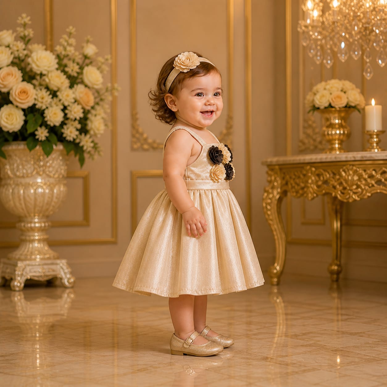 Champagne Gold Floral Party Dress with Accessories party wear dress for girls - Luxaura Kidswear