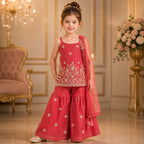 Coral Peach Floral Embroidered Palazzo Set with Dupatta party wear dress for girls - Luxaura Kidswear