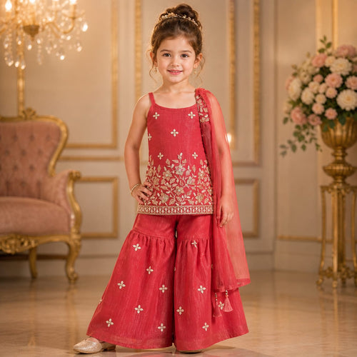 Coral Peach Floral Embroidered Palazzo Set with Dupatta party wear dress for girls - Luxaura Kidswear