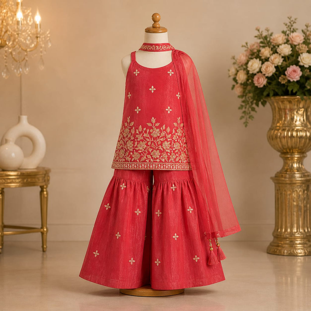 Coral Peach Floral Embroidered Palazzo Set with Dupatta party wear dress for girls - Luxaura Kidswear