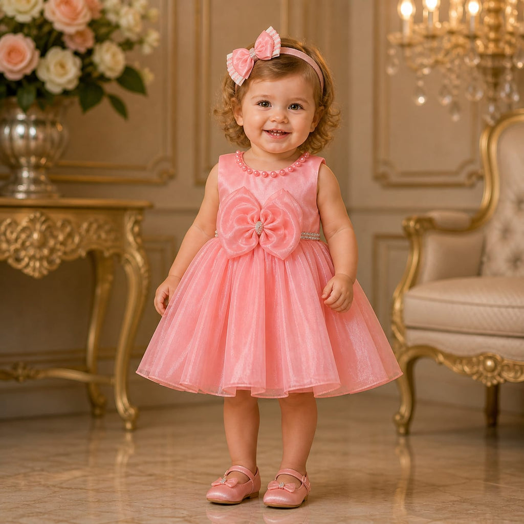 Coral Pink Bow Party Dress Set for Girls with Accessories party wear dress for girls - Luxaura Kidswear