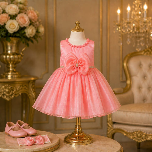 Coral Pink Bow Party Dress Set for Girls with Accessories party wear dress for girls - Luxaura Kidswear