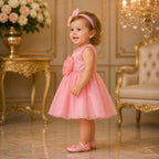 Coral Pink Bow Party Dress Set for Girls with Accessories party wear dress for girls - Luxaura Kidswear