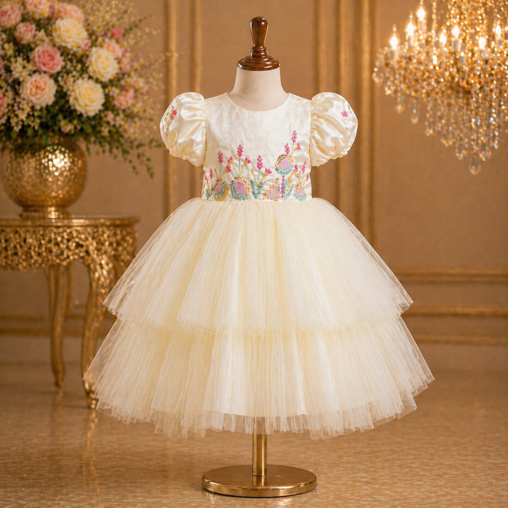 Cream Embroidered Party Dress for Baby Girls party wear dress for girls - Luxaura Kidswear