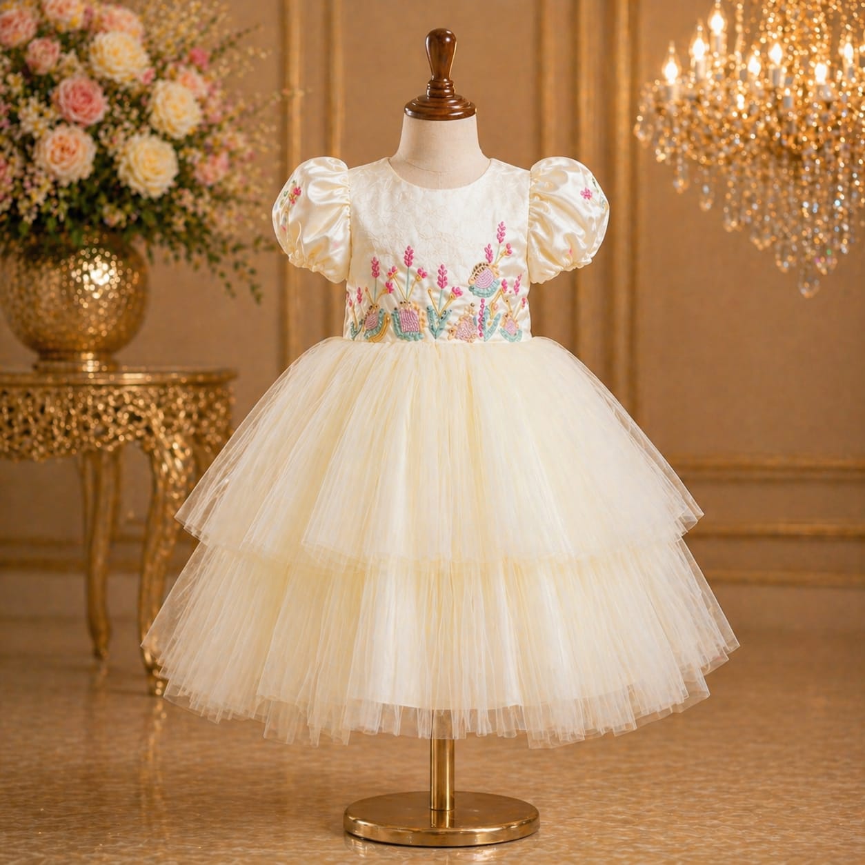 Cream Embroidered Party Dress for Baby Girls party wear dress for girls - Luxaura Kidswear