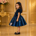 Deep Teal Blue, Royal Plum Bow Party Dress party wear dress for girls - Luxaura Kidswear