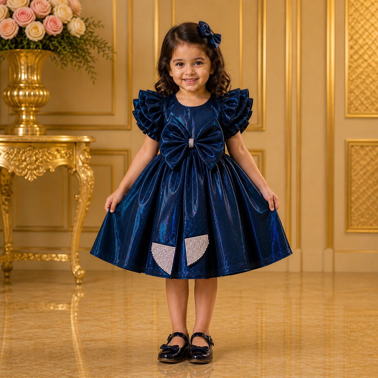 Deep Teal Blue, Royal Plum Bow Party Dress party wear dress for girls - Luxaura Kidswear