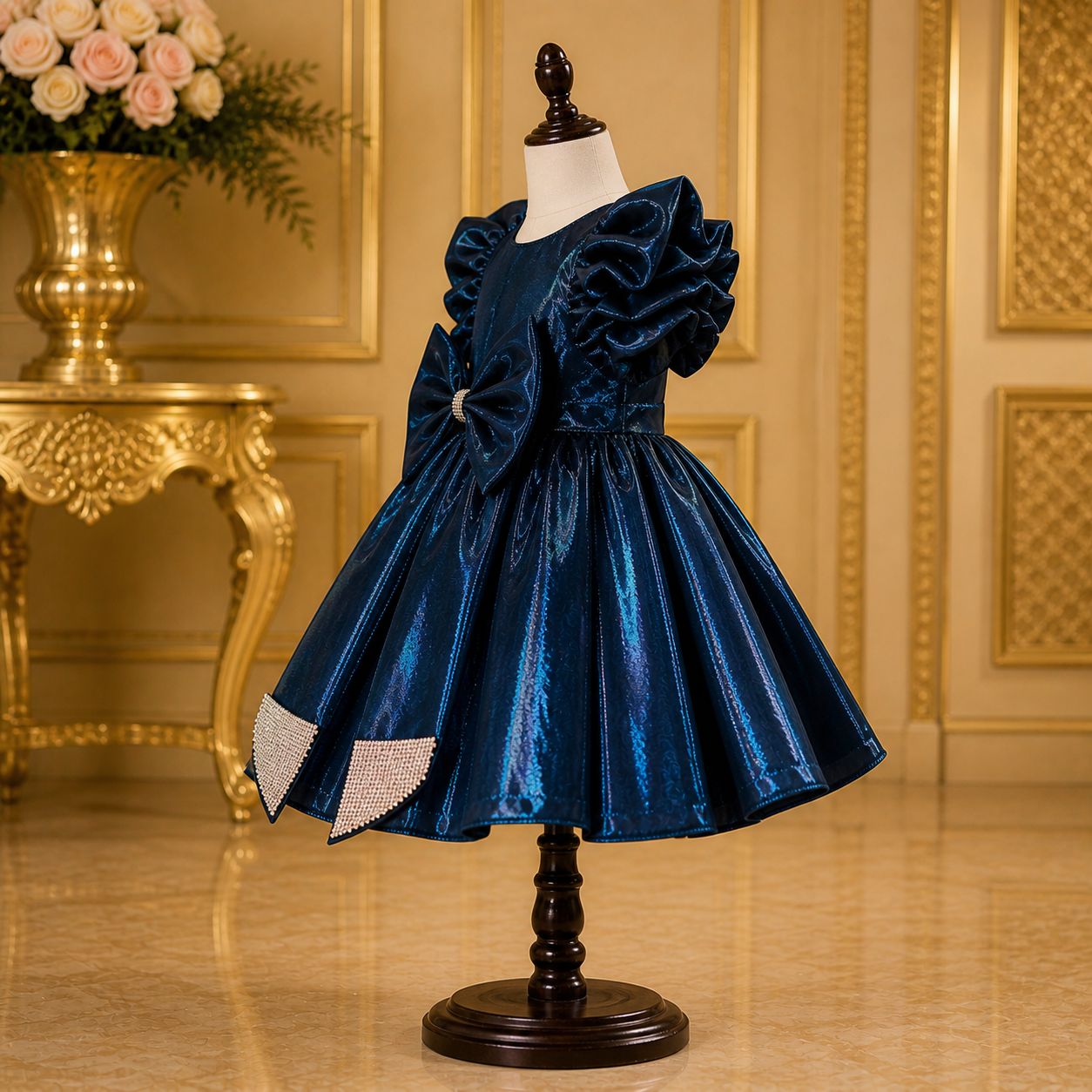 Deep Teal Blue, Royal Plum Bow Party Dress party wear dress for girls - Luxaura Kidswear