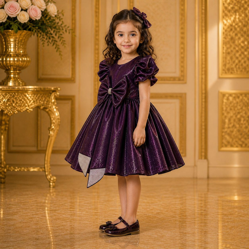 Deep Wine Purple, Royal Bow Party Dress party wear dress for girls - Luxaura Kidswear