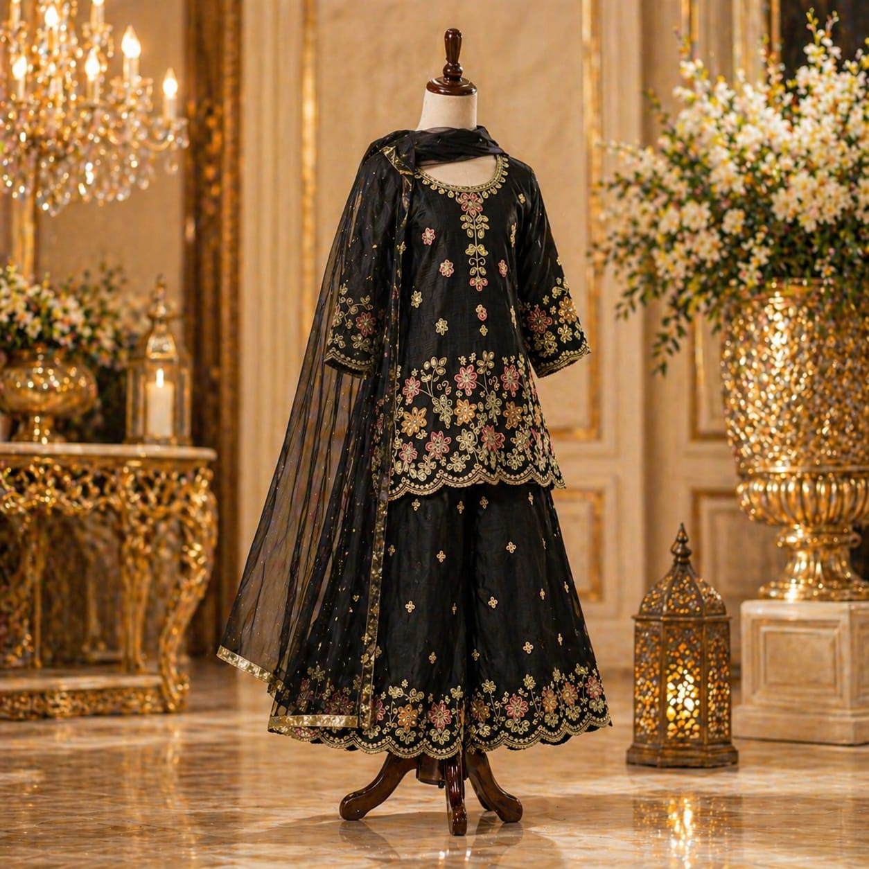 Elegant Black Embroidered Palazzo Set with Dupatta party wear dress for girls - Luxaura Kidswear