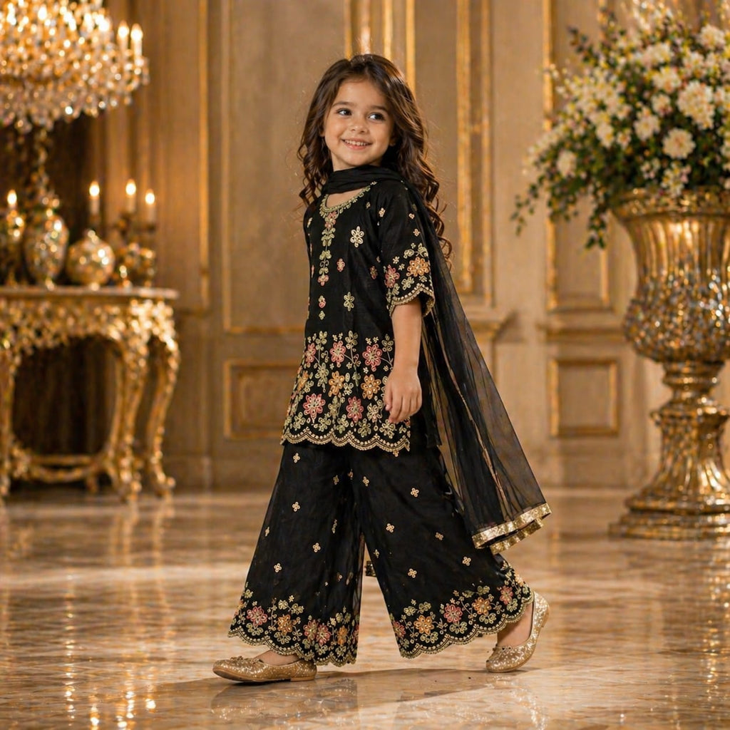 Elegant Black Embroidered Palazzo Set with Dupatta party wear dress for girls - Luxaura Kidswear