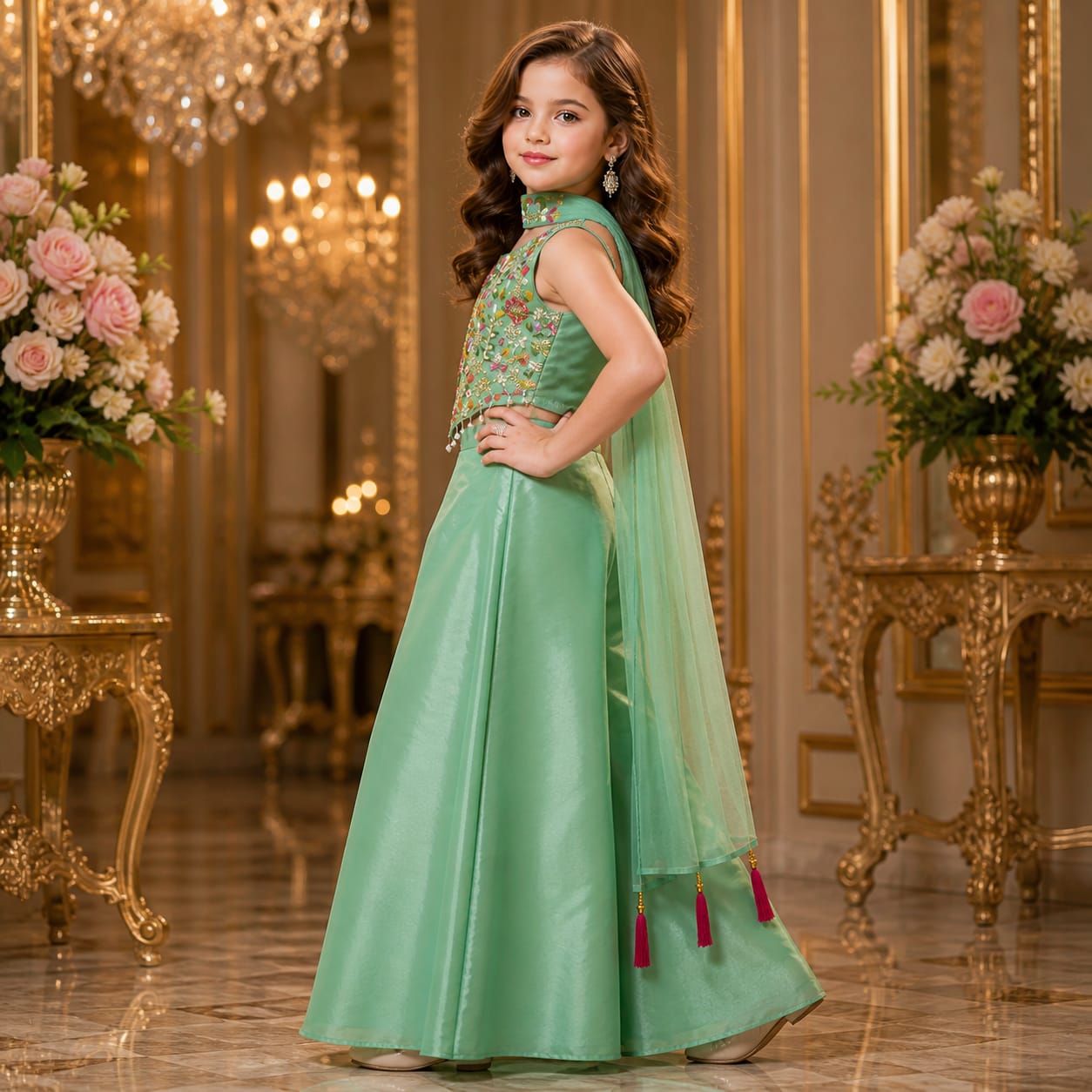 Emerald Green Royal Embroidered Palazzo Set with Dupatta party wear dress for girls - Luxaura Kidswear