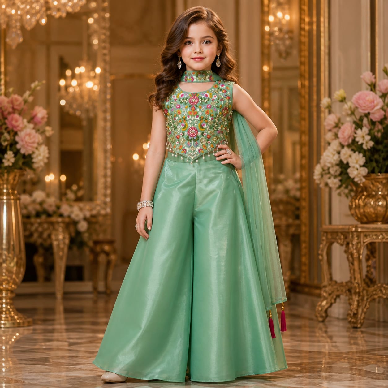 Emerald Green Royal Embroidered Palazzo Set with Dupatta party wear dress for girls - Luxaura Kidswear