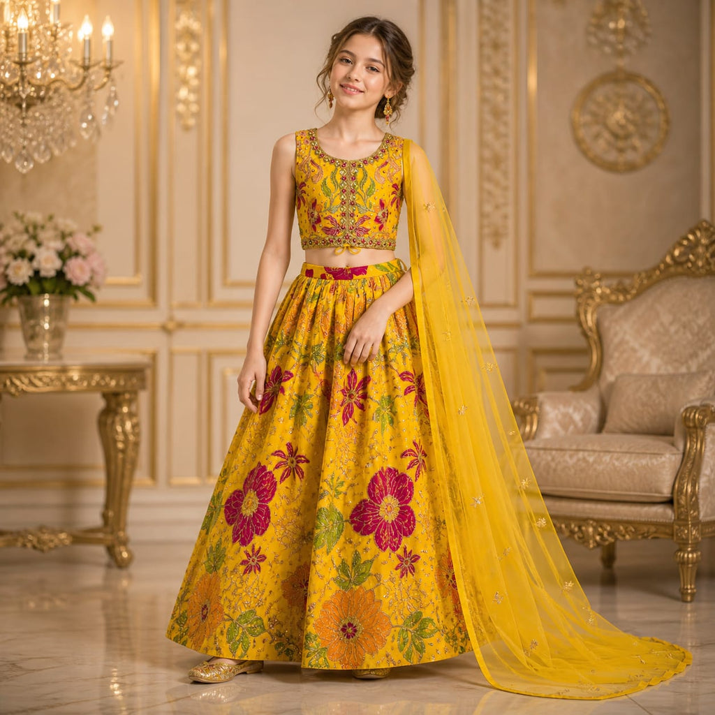 Golden Bloom Luxury Girls Lehenga Set with Duppatta party wear dress for girls - Luxaura Kidswear
