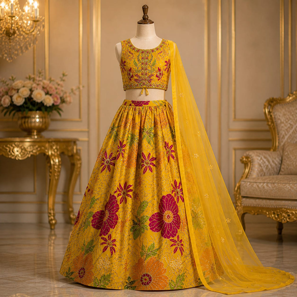 Golden Bloom Luxury Girls Lehenga Set with Duppatta party wear dress for girls - Luxaura Kidswear
