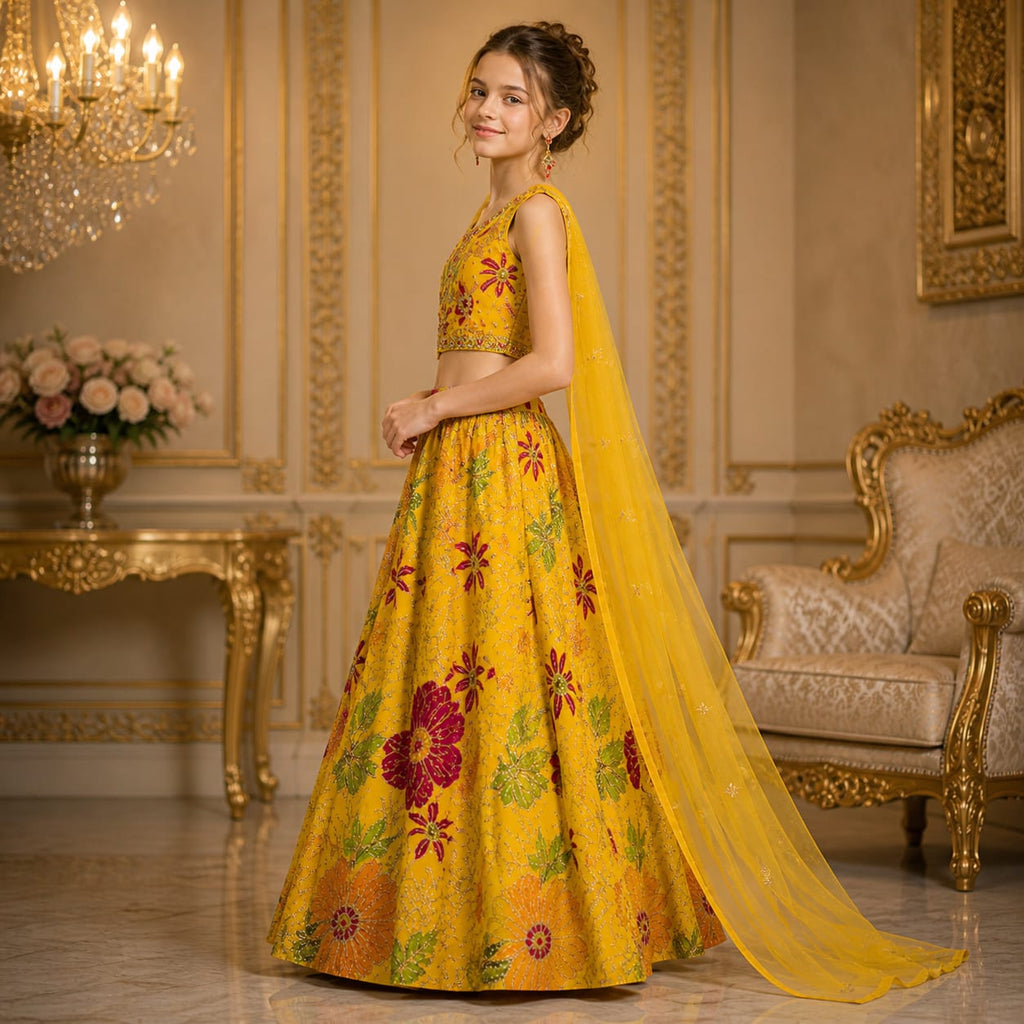 Golden Bloom Luxury Girls Lehenga Set with Duppatta party wear dress for girls - Luxaura Kidswear
