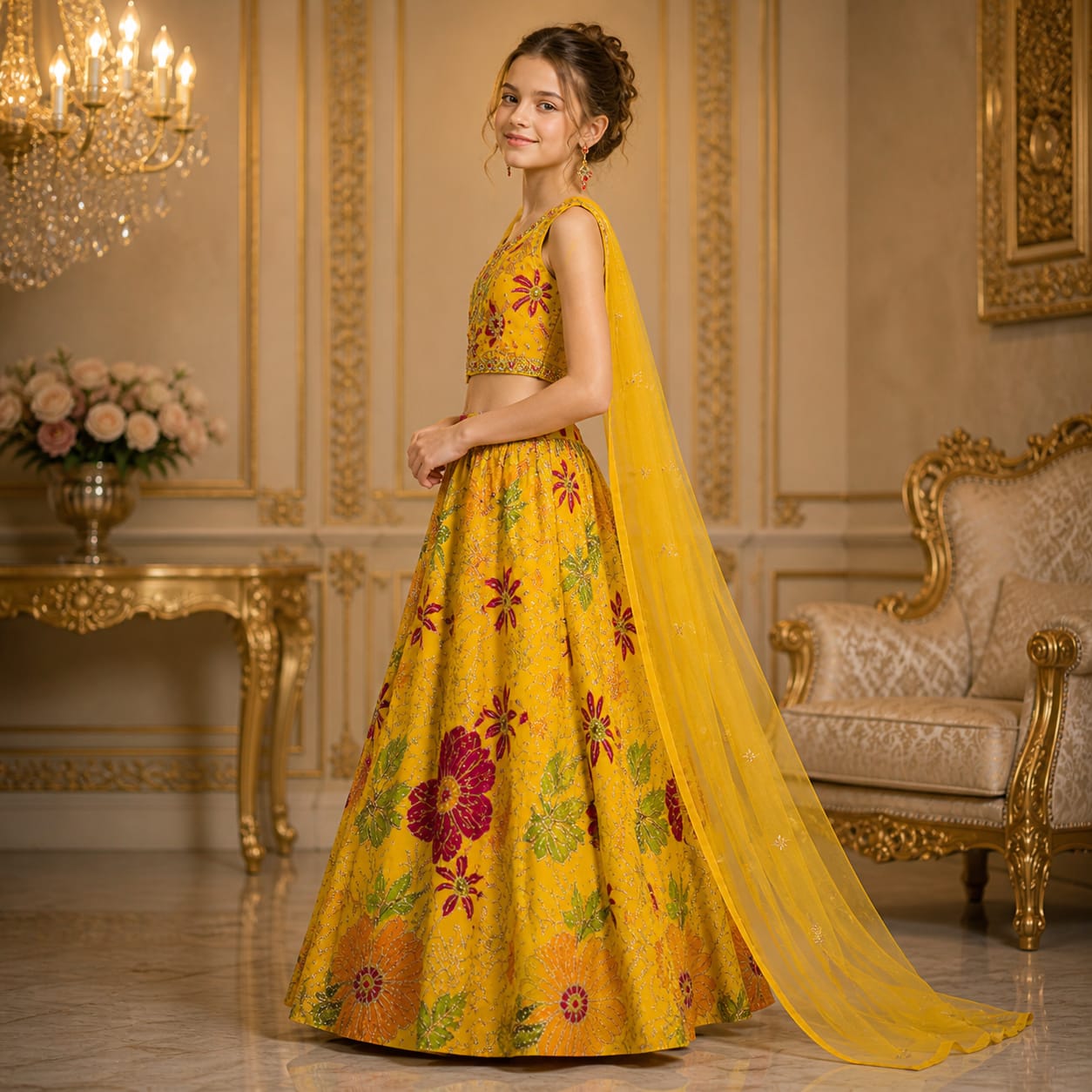 Golden Bloom Luxury Girls Lehenga Set with Duppatta party wear dress for girls - Luxaura Kidswear