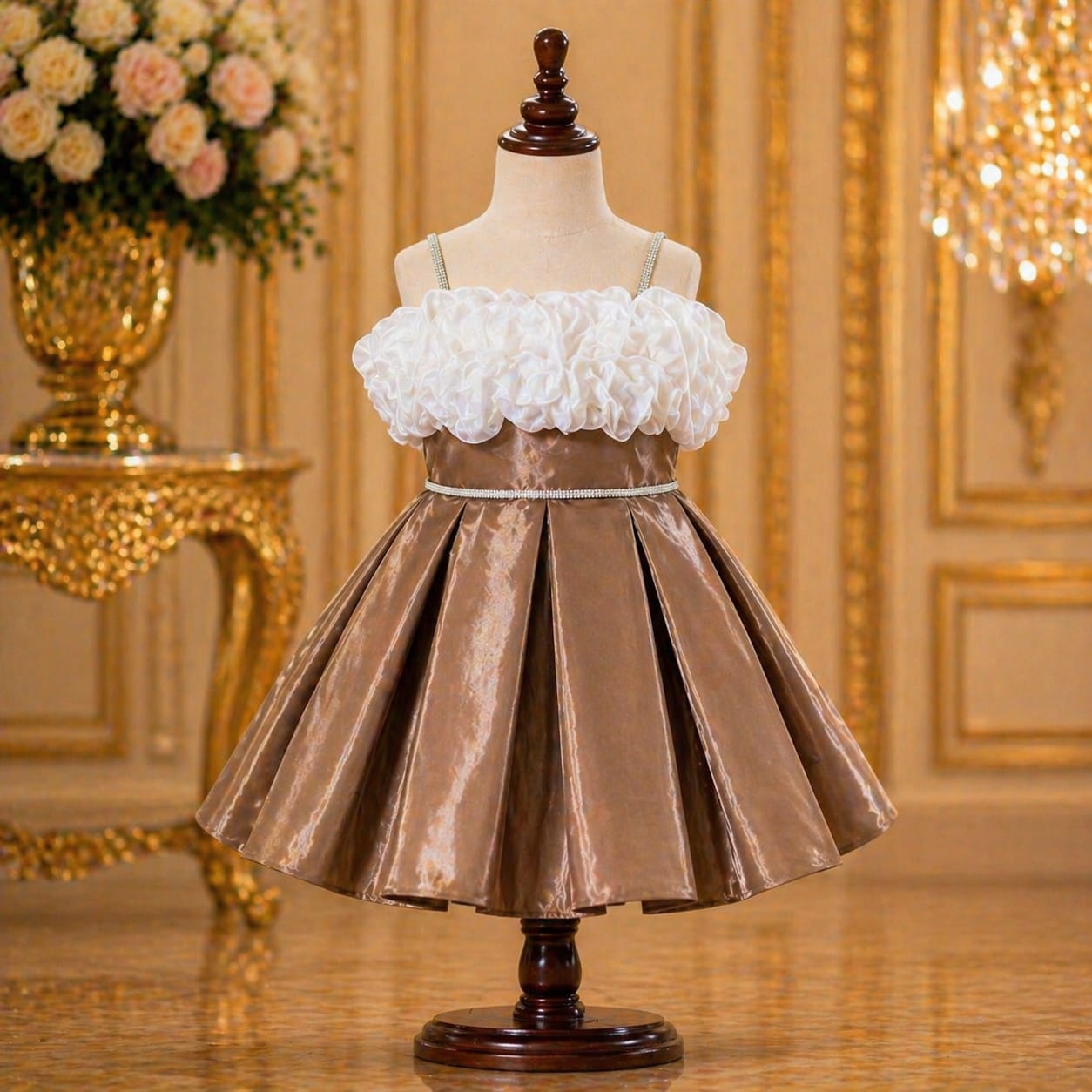 Golden Copper White Ruffle Party Dress party wear dress for girls - Luxaura Kidswear