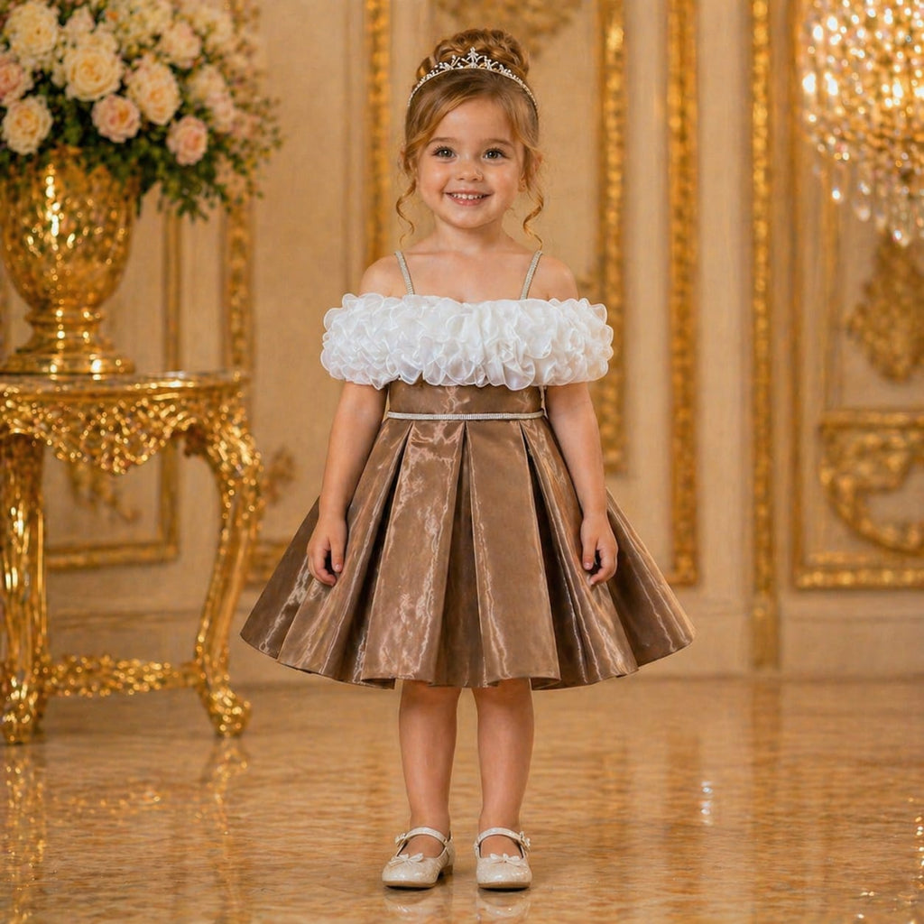 Golden Copper White Ruffle Party Dress party wear dress for girls - Luxaura Kidswear