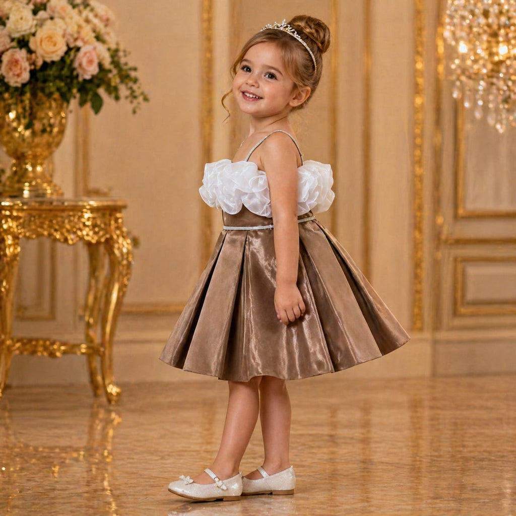 Golden Copper White Ruffle Party Dress party wear dress for girls - Luxaura Kidswear