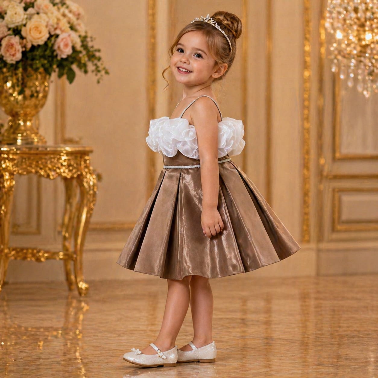 Golden Copper White Ruffle Party Dress party wear dress for girls - Luxaura Kidswear