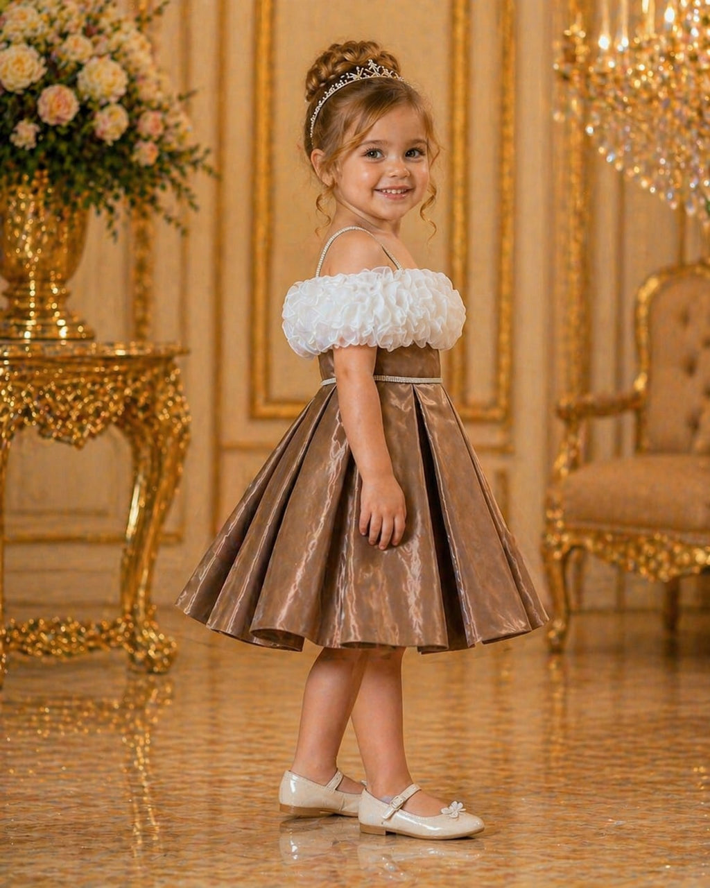 Golden Copper White Ruffle Party Dress party wear dress for girls - Luxaura Kidswear