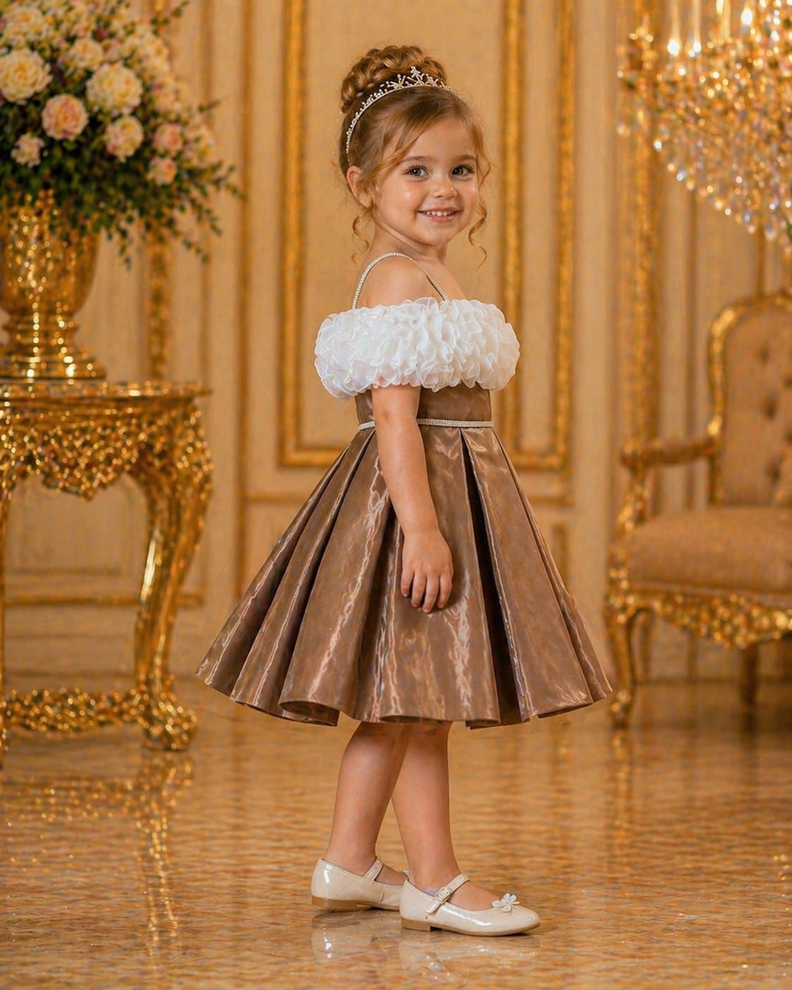 Golden Copper White Ruffle Party Dress party wear dress for girls - Luxaura Kidswear