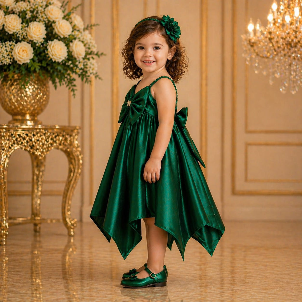 Golden Green Satin Party Dress for Baby Girls party wear dress for girls - Luxaura Kidswear