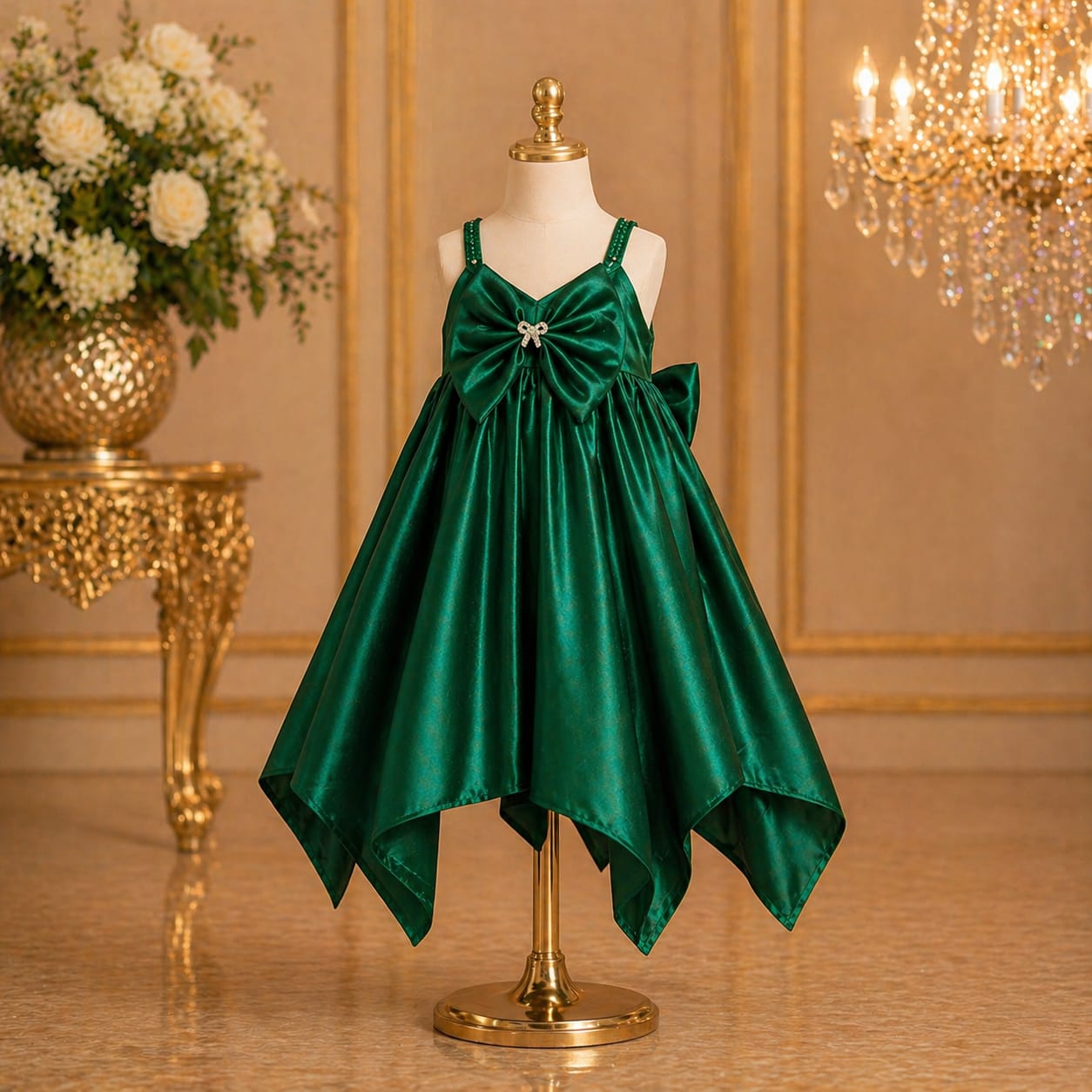 Golden Green Satin Party Dress for Baby Girls party wear dress for girls - Luxaura Kidswear