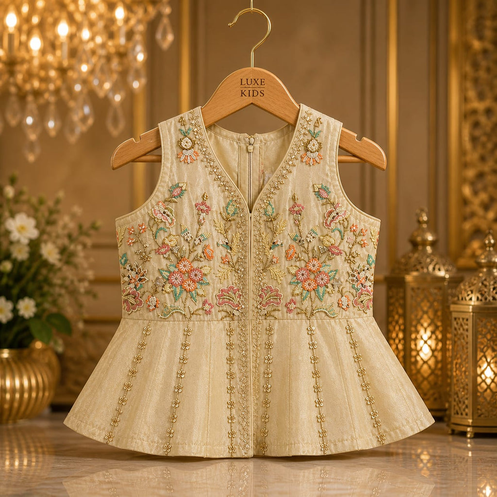Imperial Champagne Cape Palazzo Set with Dupatta party wear dress for girls - Luxaura Kidswear