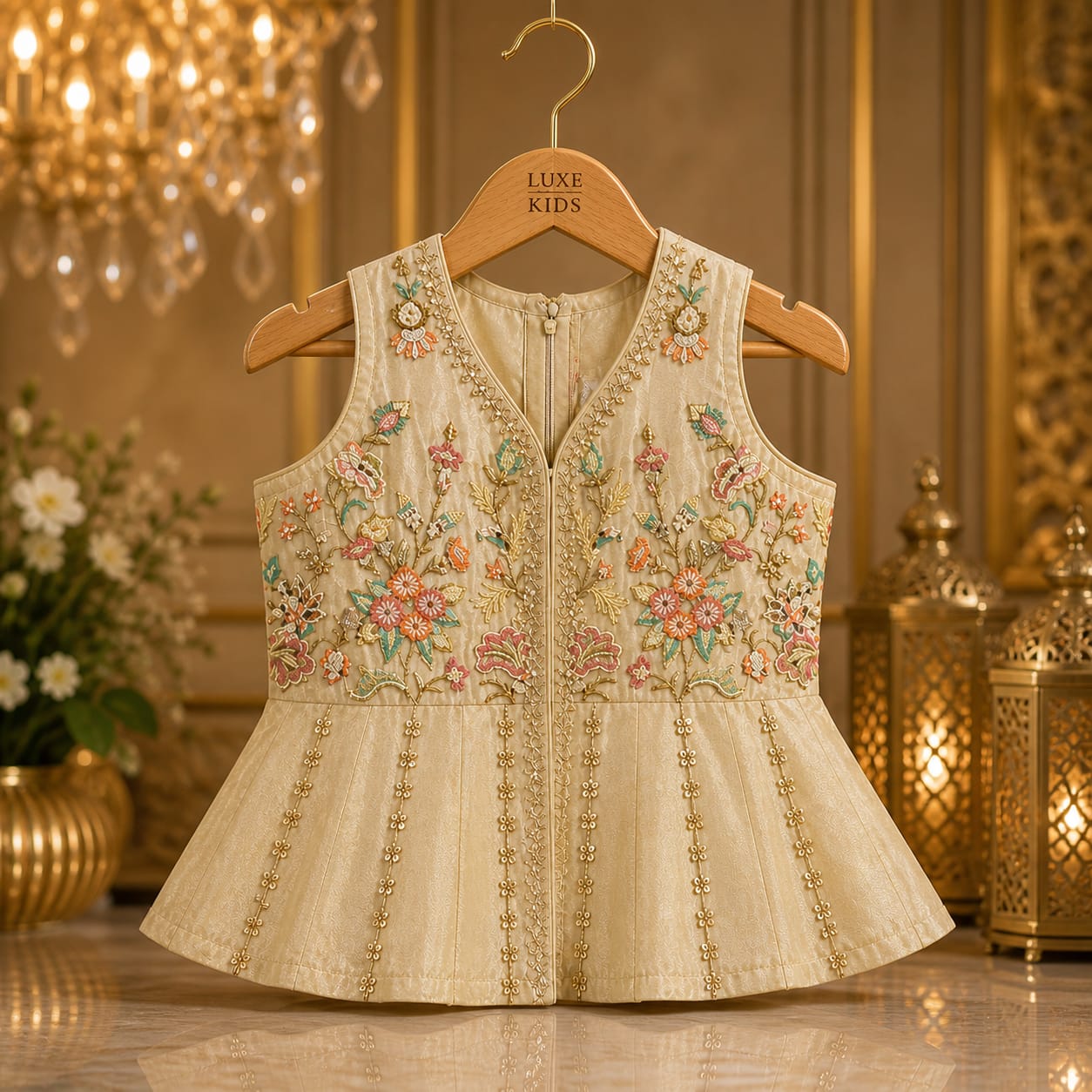 Imperial Champagne Cape Palazzo Set with Dupatta party wear dress for girls - Luxaura Kidswear