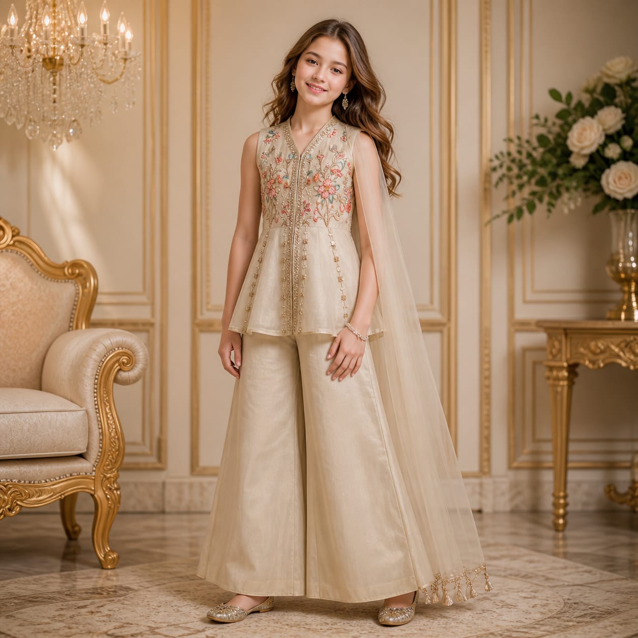 Imperial Champagne Cape Palazzo Set with Dupatta party wear dress for girls - Luxaura Kidswear
