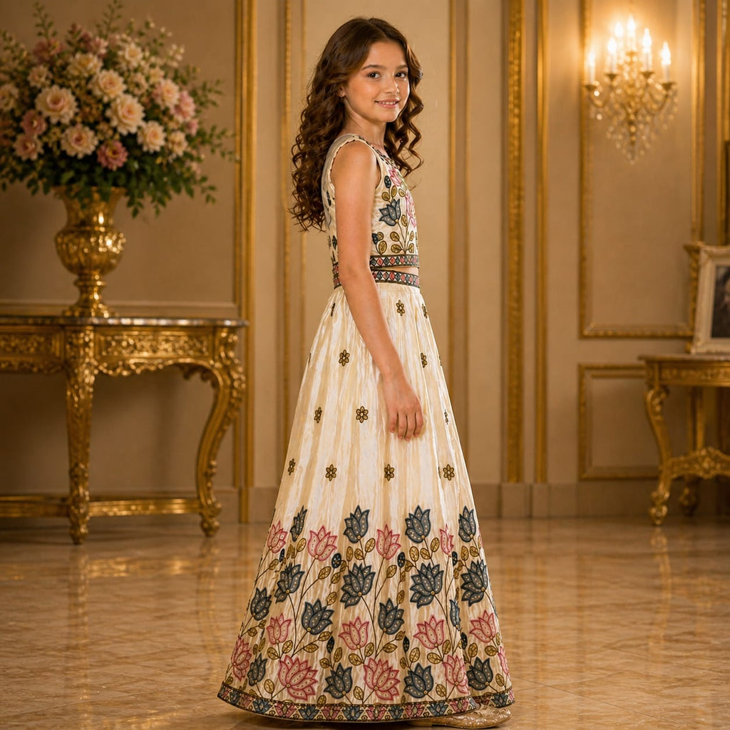 Ivory Floral Embroidered Lehenga Set with Dupatta party wear dress for girls - Luxaura Kidswear