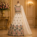 Ivory Floral Embroidered Lehenga Set with Dupatta party wear dress for girls - Luxaura Kidswear