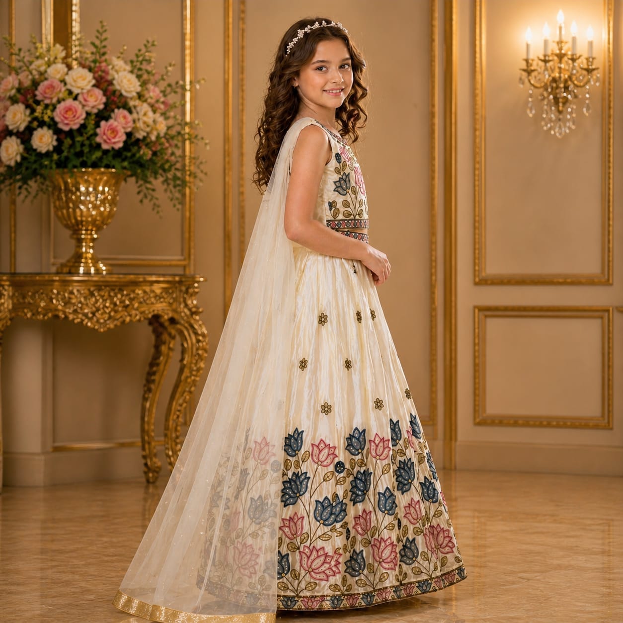 Ivory Floral Embroidered Lehenga Set with Dupatta party wear dress for girls - Luxaura Kidswear