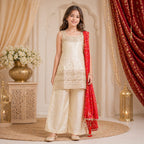 Ivory Gold Embroidered Ethnic Kurta Palazzo Set party wear dress for girls - Luxaura Kidswear