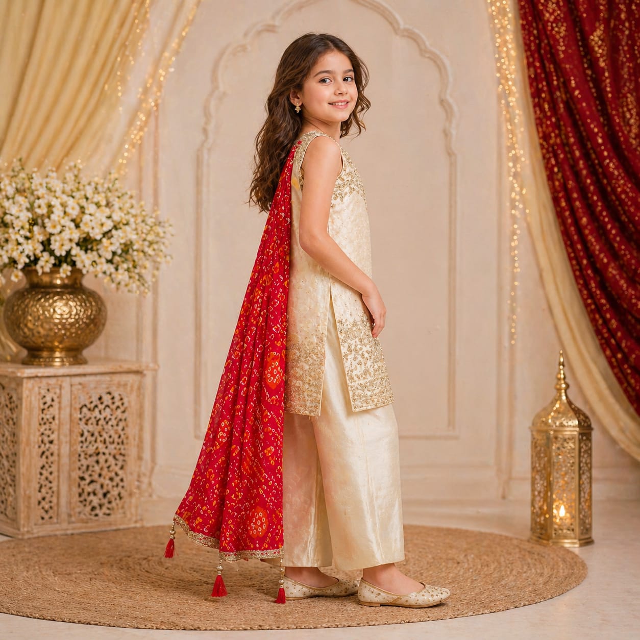 Ivory Gold Embroidered Ethnic Kurta Palazzo Set party wear dress for girls - Luxaura Kidswear